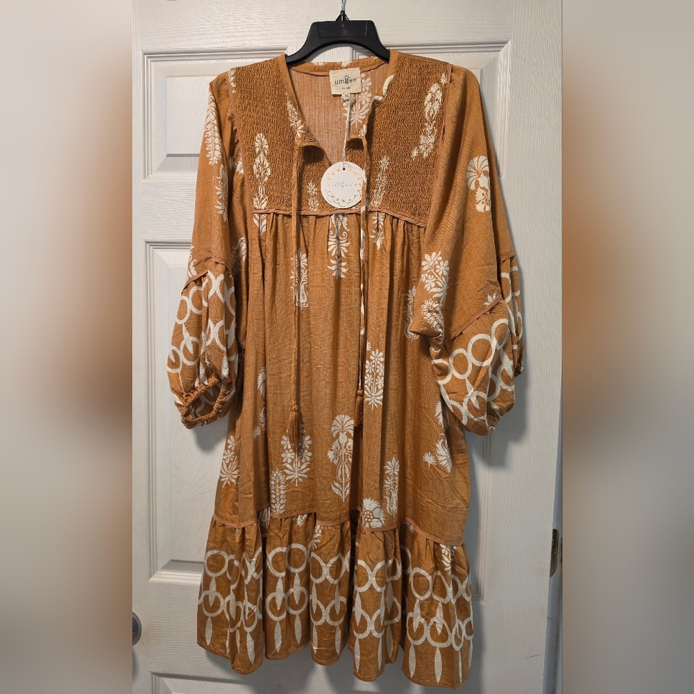 Umgee Mustard Floral Boho Tiered Dress with White Print